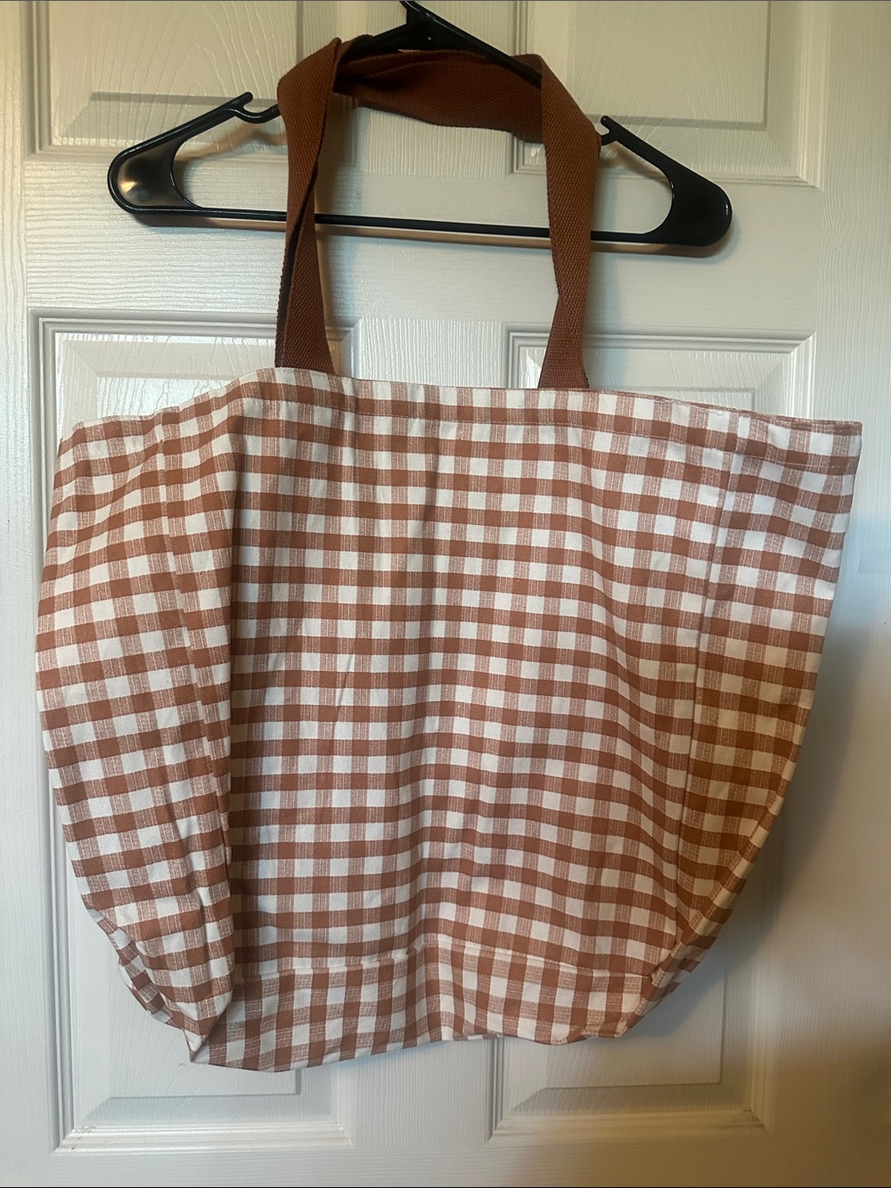 Gingham Reusable Tote with Ruffle Pocket - Rust & Cream - Picture 2 of 2